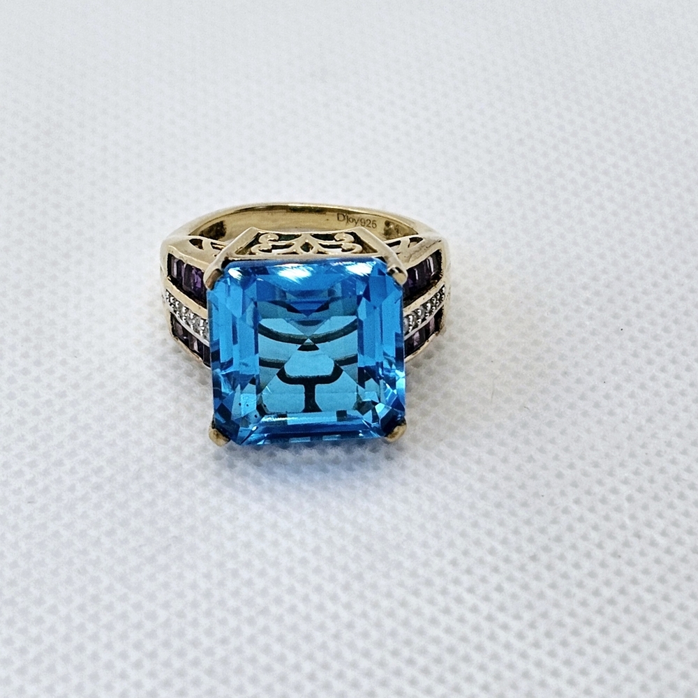 Genuine Caribbean Quartz & African Amethyst Ring Vermeil Size 7!